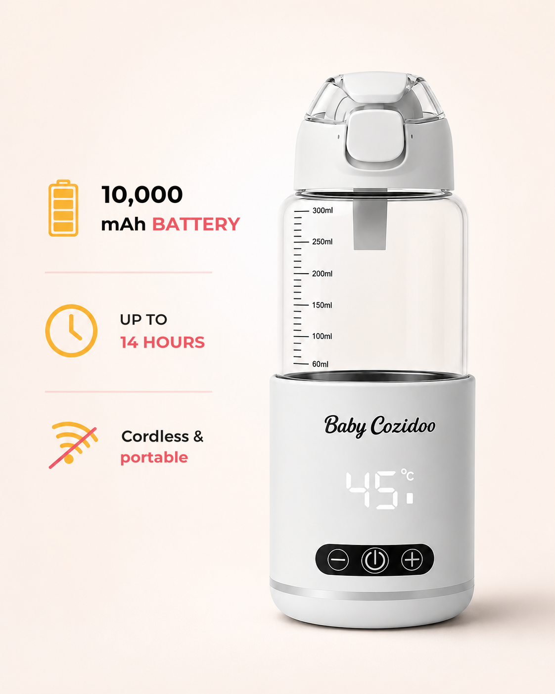 Cordless bottle warmer with a 10,000 mAh battery and up to 14 hours of runtime - BabyCozidoo PRO3 portable