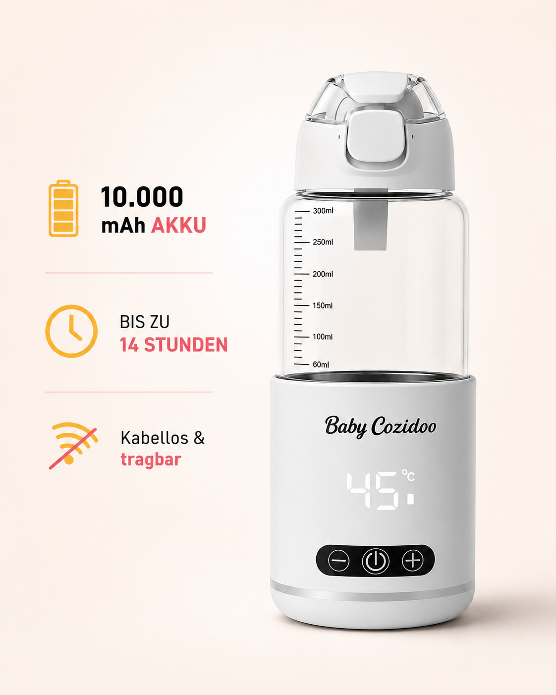 Kabelloser Flaschenwärmer mit 10.000 mAh Akku und bis zu 14 Stunden Laufzeit – BabyCozidoo PRO3 tragbar