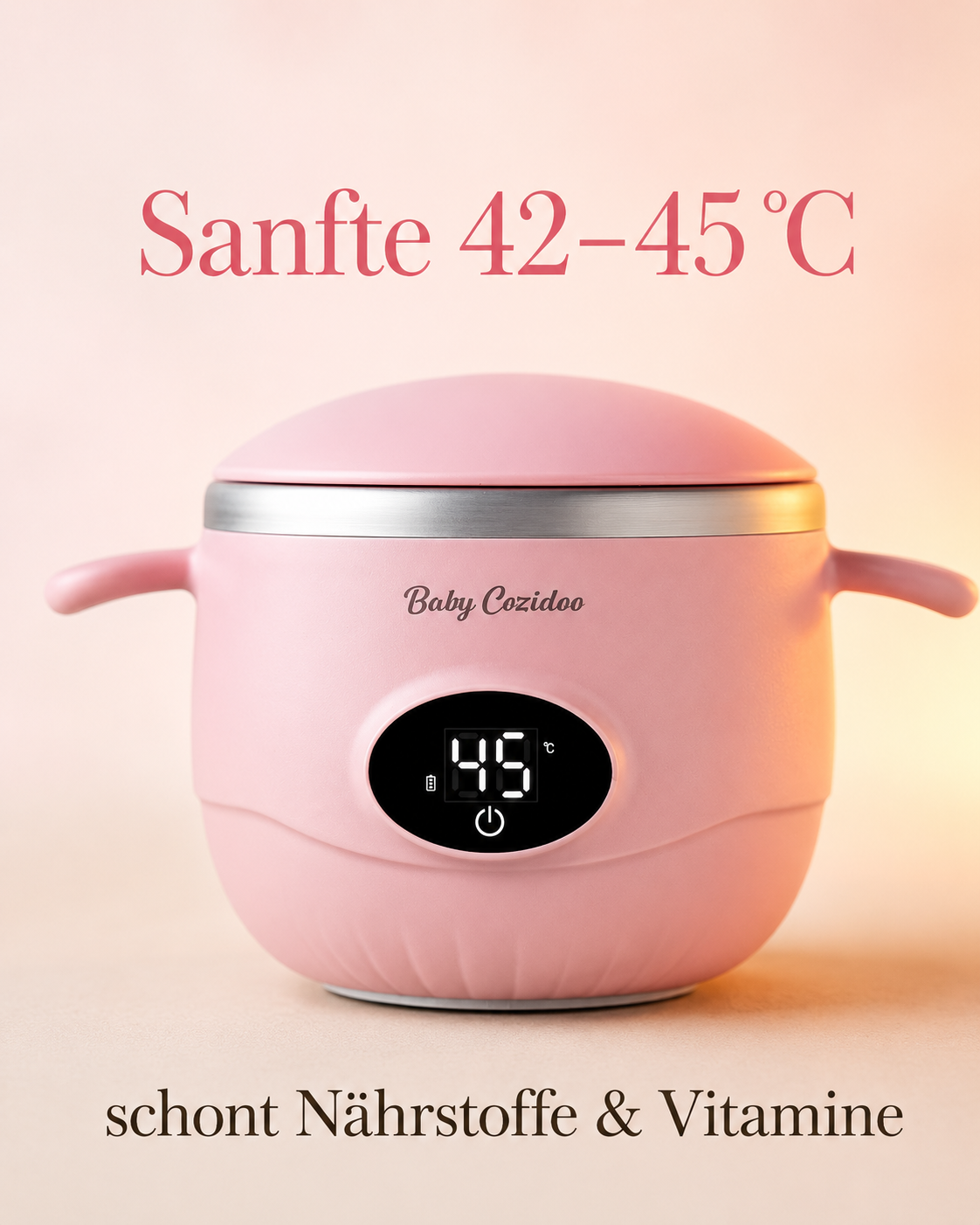Babykostwärmer mit sanfter Temperatur 42–45 °C schont Nährstoffe – BabyCozidoo PRO
