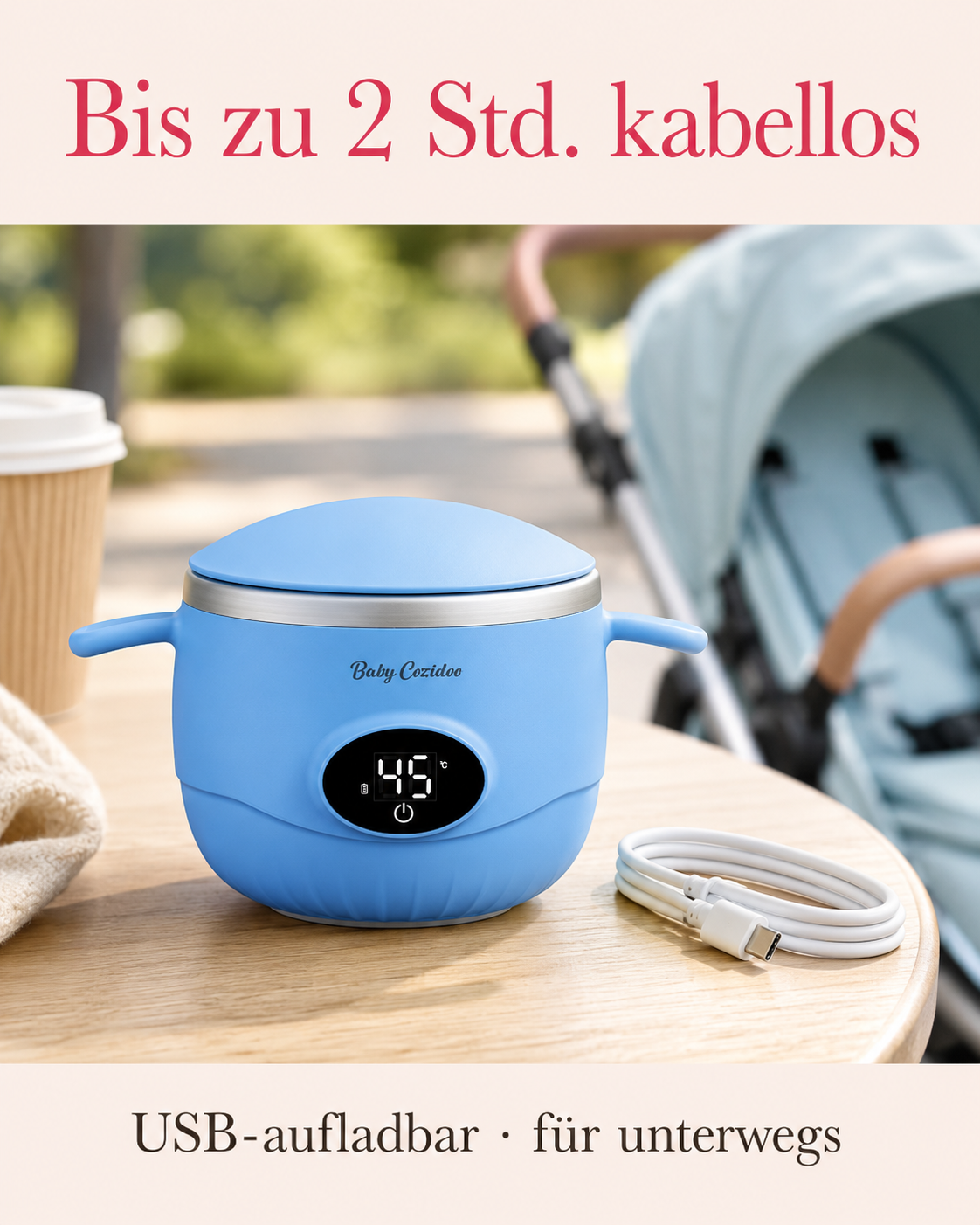 Kabelloser Babykostwärmer bis zu 2 Stunden Akku USB-aufladbar für unterwegs – BabyCozidoo PRO