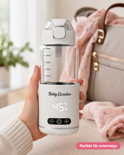 Tragbarer Babyflaschenwärmer für unterwegs in der Hand neben Wickeltasche – BabyCozidoo PRO3 kabellos