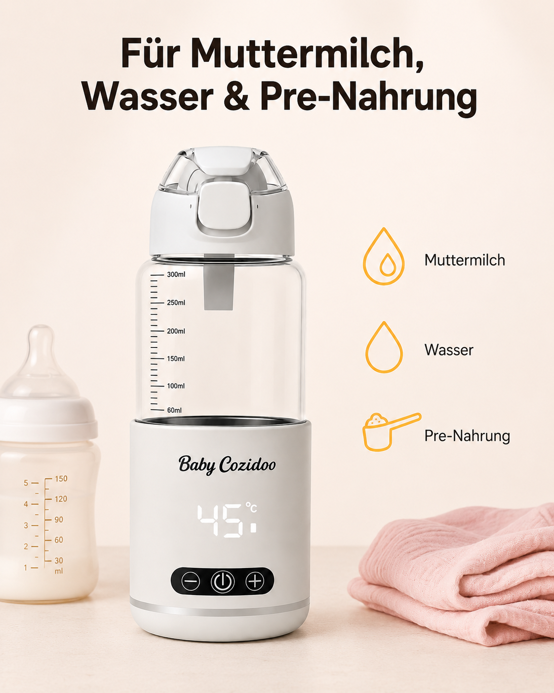 Flaschenwärmer für Muttermilch, Wasser und Pre-Nahrung – BabyCozidoo PRO3 Babyflaschenwärmer mobil