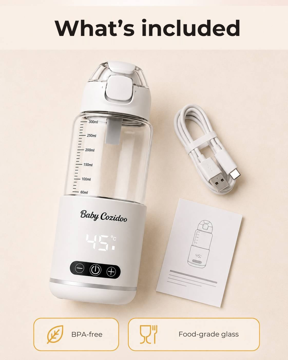 BabyCozidoo PRO3 in the box: bottle warmer, USB-C cable, manual - BPA-free, food-grade glass