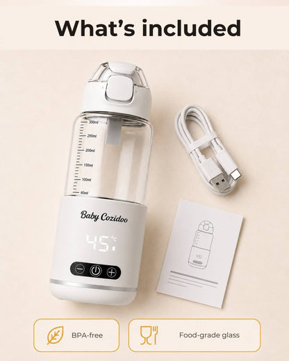 BabyCozidoo PRO3 in the box: bottle warmer, USB-C cable, manual - BPA-free, food-grade glass