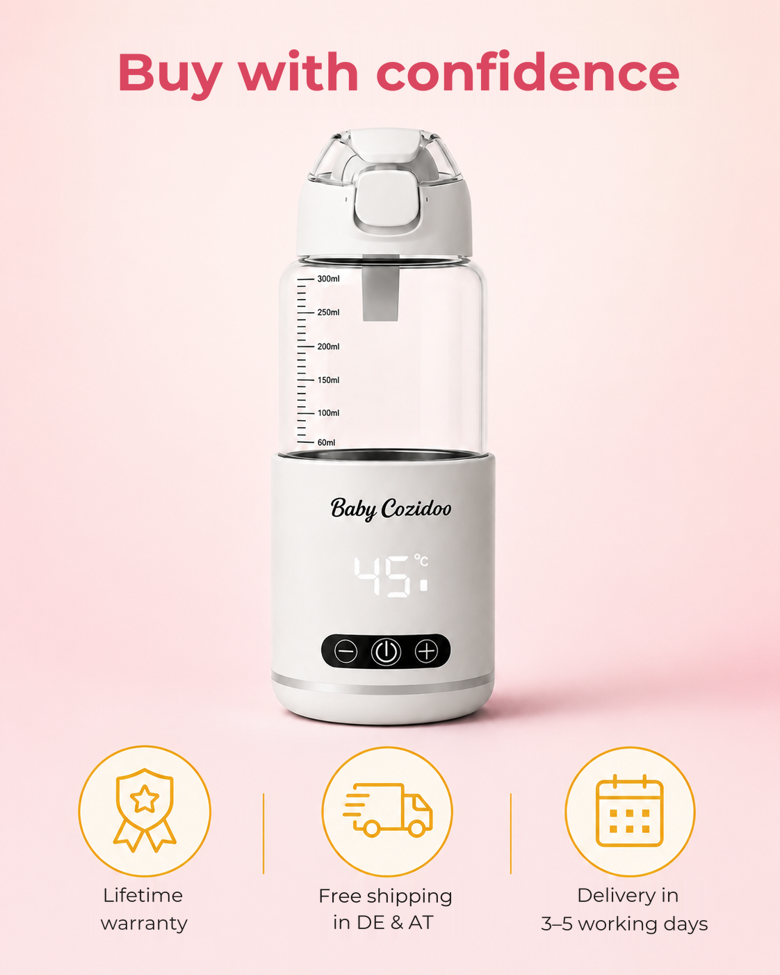 BabyCozidoo PRO3 bottle warmer with a lifetime warranty and free shipping in DE and AT